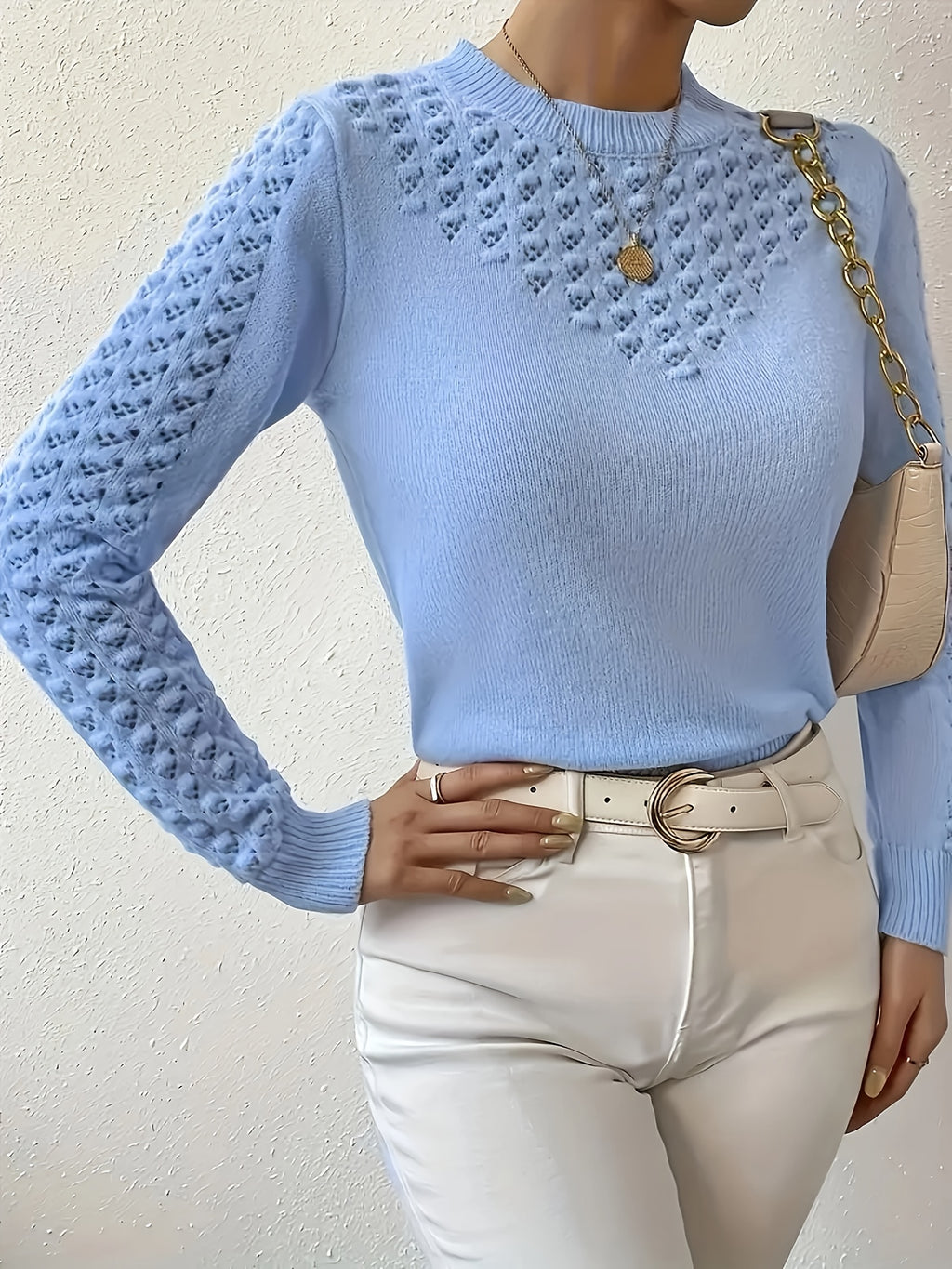 Crew Neck Pullover Sweater Women Sky Blue Ribbed Long Sleeve Front Pockets Casual Soft Cozy Sweatshirt Knit Top XS-L