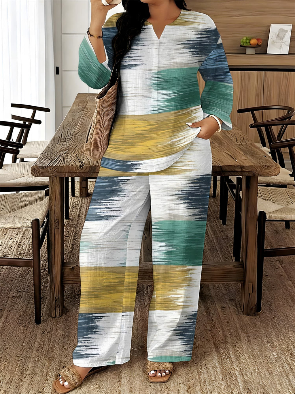V-Neck Long Sleeve Printed Shirt Pants 2pcs Set Women Floral Digital Print Elastic Waist Casual Loungewear Spring Summer Two-Piece Outfit 15 Colors S-XXL