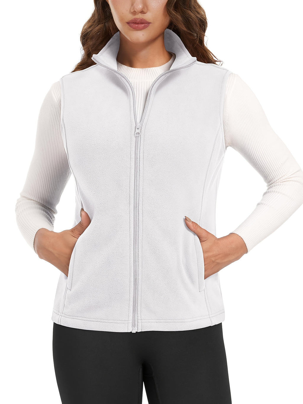 Women's Fleece Zip Vest Lightweight Warm Sleeveless Jacket Stand Collar 4 Pockets Windproof Outdoor Vest S-XXL