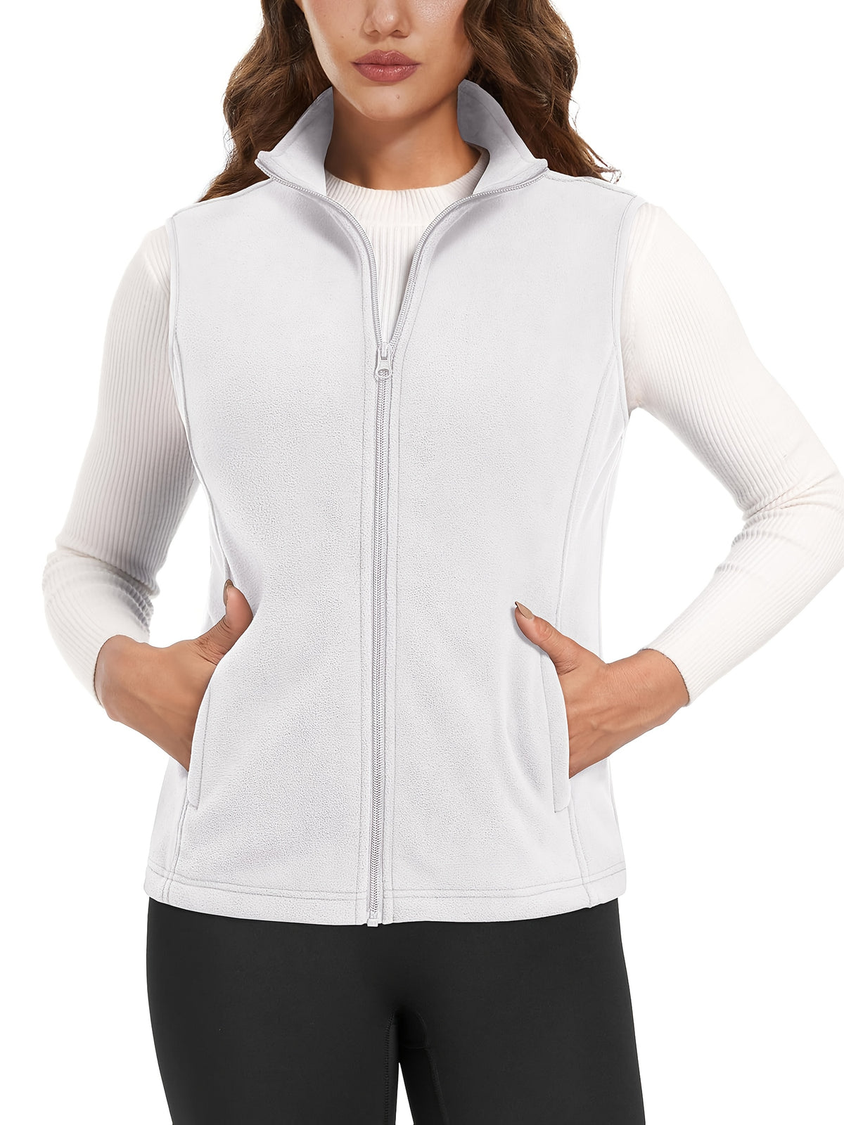 Women's Fleece Zip Vest Lightweight Warm Sleeveless Jacket Stand Collar 4 Pockets Windproof Outdoor Vest S-XXL