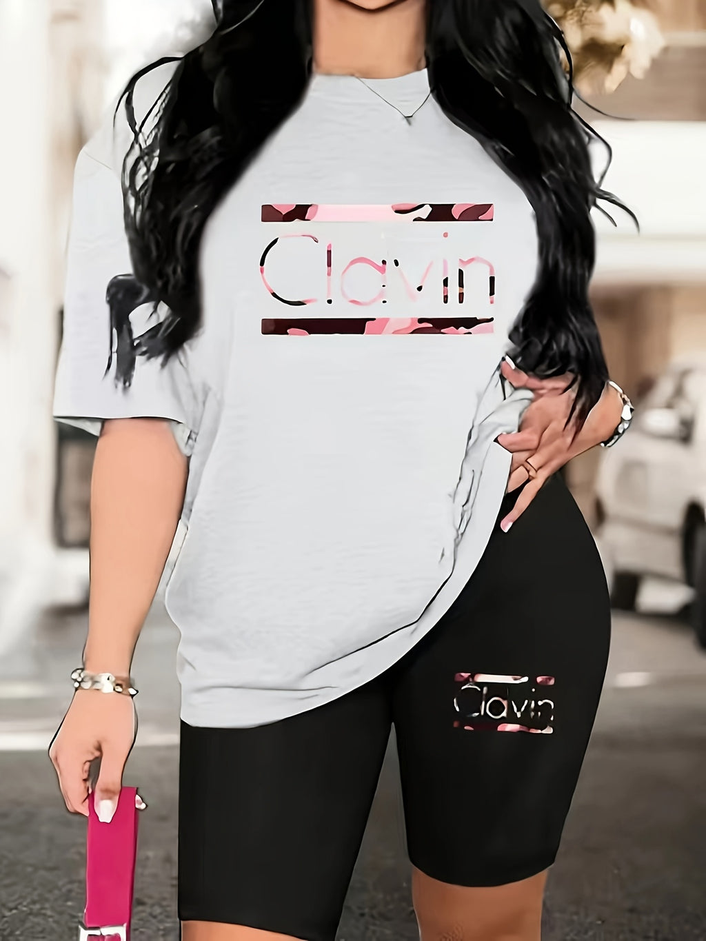 Women's 2-Piece Oversized T-Shirt and Fitted Shorts Matching Set Lettering Print Streetwear Loungewear