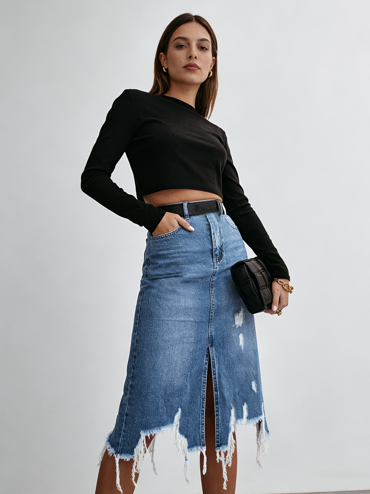 Women High Waist Distressed Denim Midi Skirt Stretch Washed Fringe Hem Ripped Asymmetrical Medium Blue S-XXL