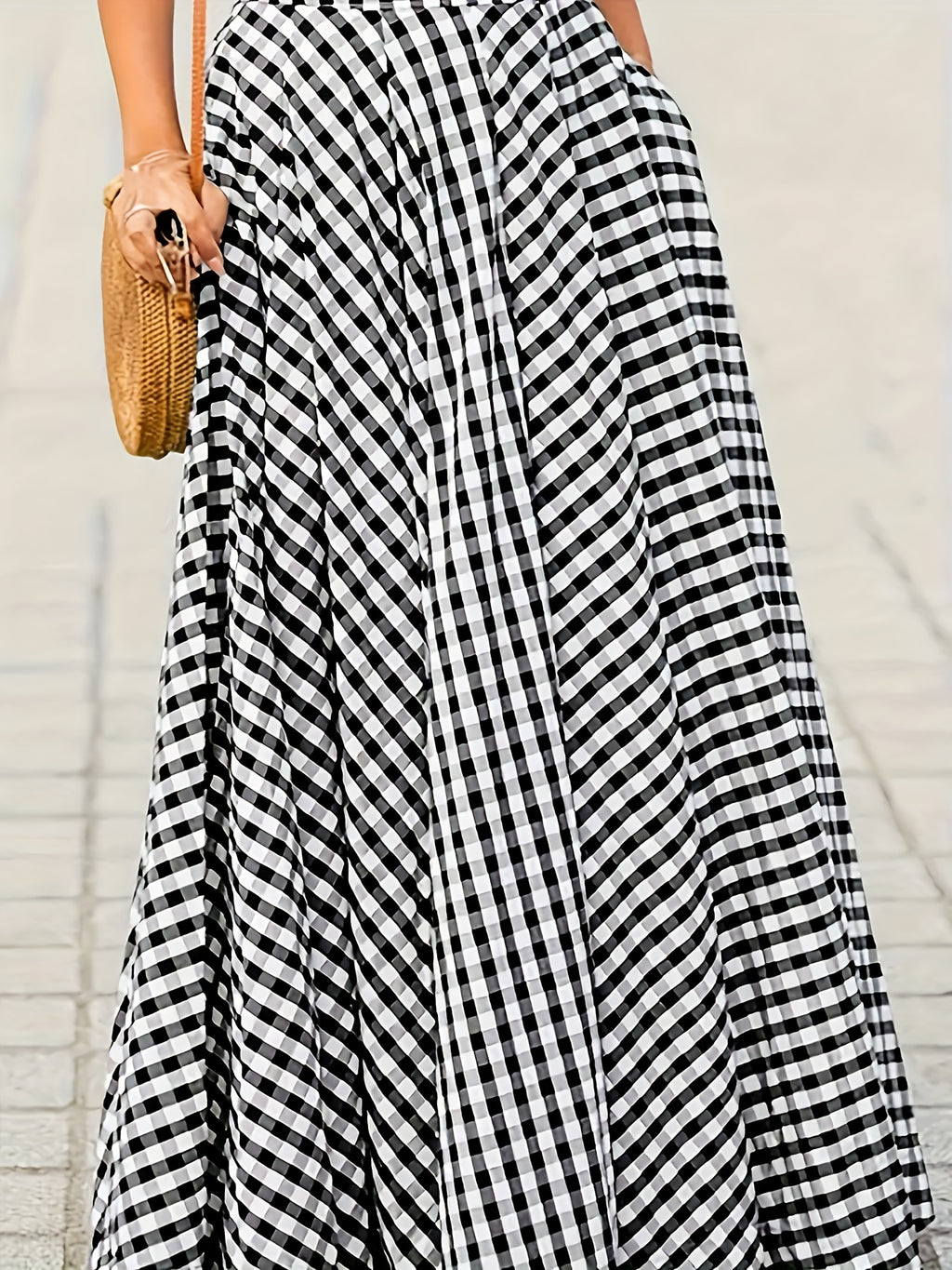 Plaid High Waist A-Line Midi Skirt for Women Checkered Woven Opaque Flowing Mid Length Skirt Spring Fall Casual Streetwear Blue White Black White S-XXL