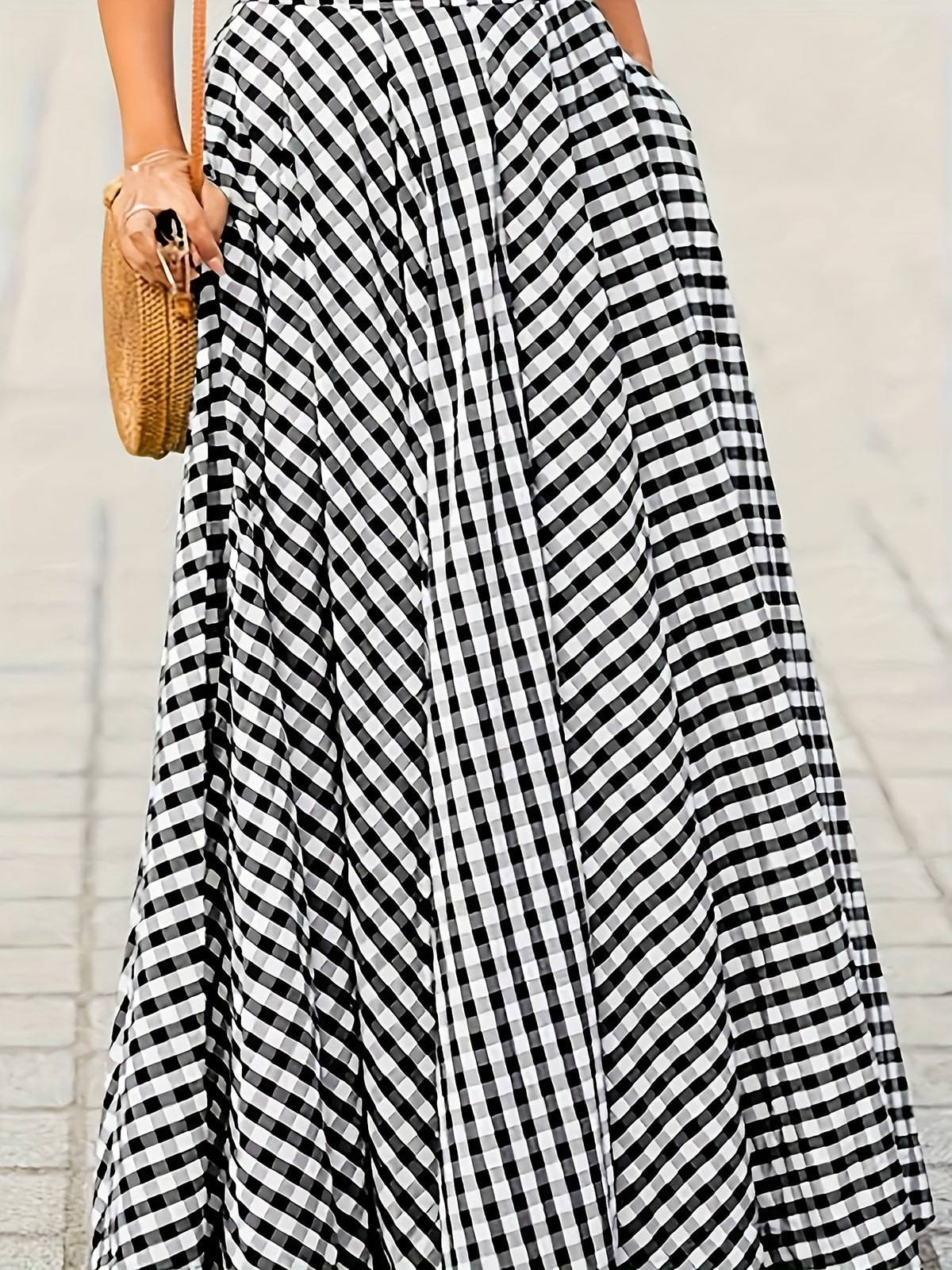Plaid High Waist A-Line Midi Skirt for Women Checkered Woven Opaque Flowing Mid Length Skirt Spring Fall Casual Streetwear Blue White Black White S-XXL