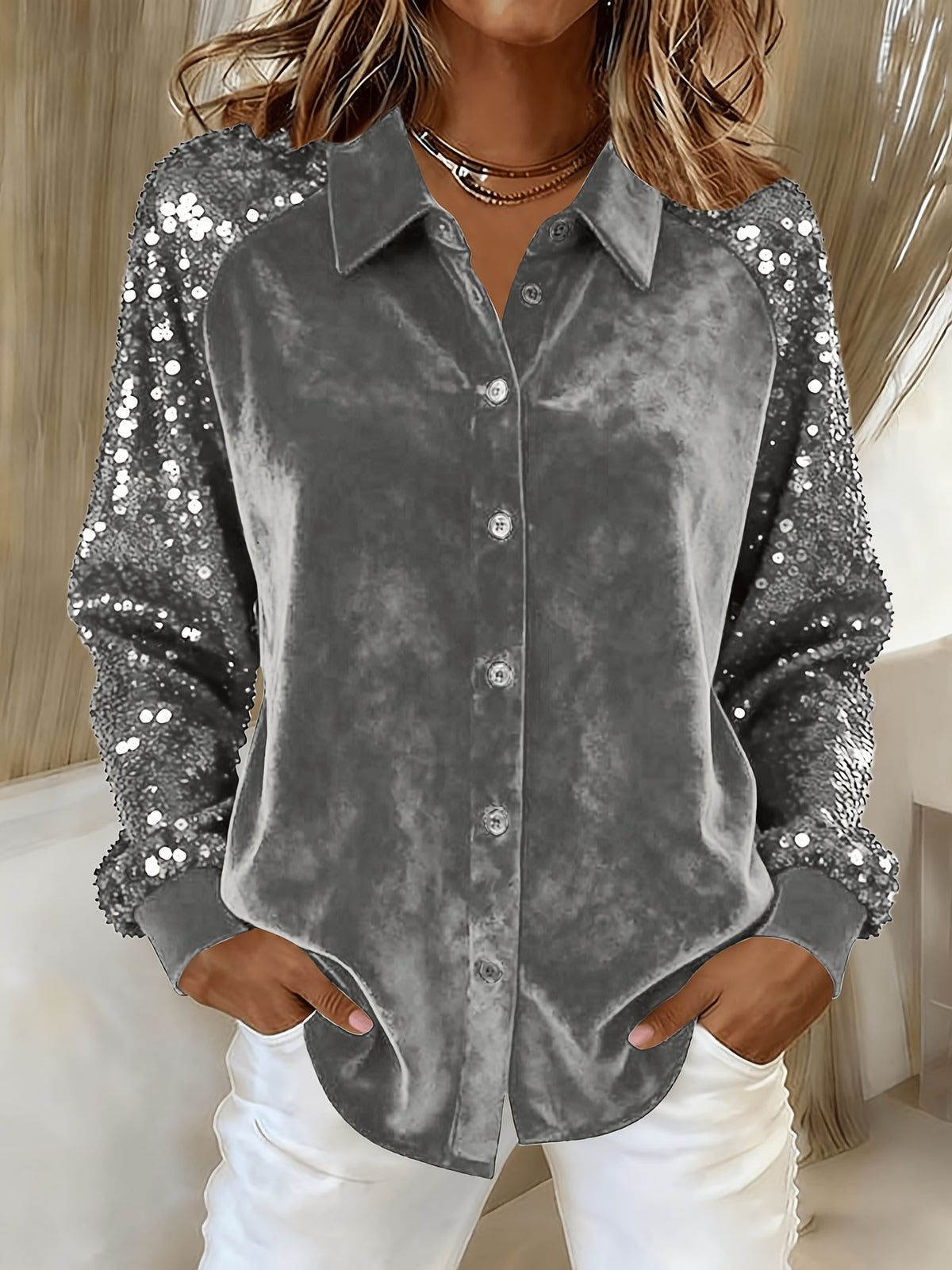 Sequin Sleeve Velvet Top Women Lapel Collar Long Sleeve Patchwork Loose Shirt Chic Solid Color Spring S-XL