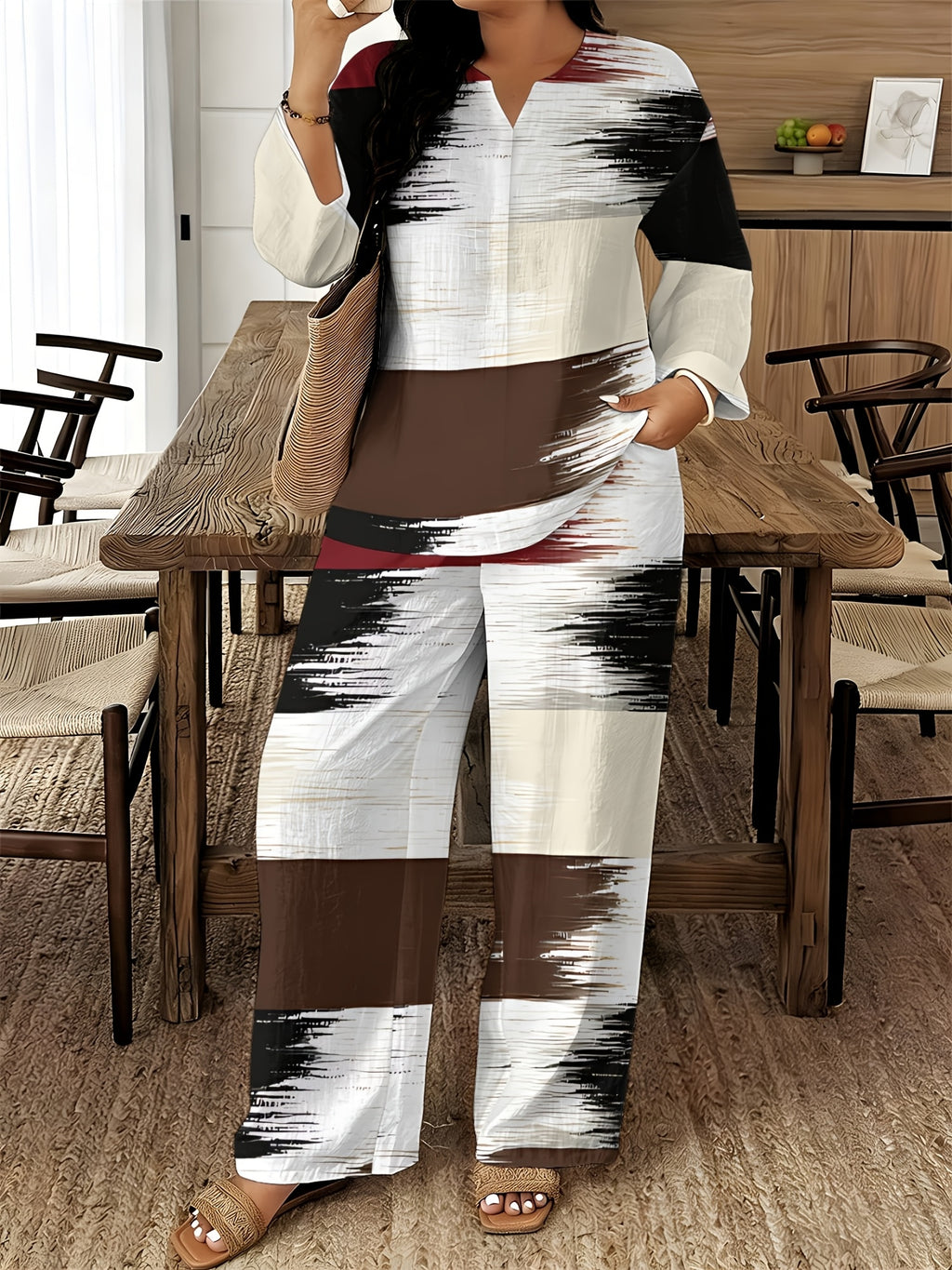 V-Neck Long Sleeve Printed Shirt Pants 2pcs Set Women Floral Digital Print Elastic Waist Casual Loungewear Spring Summer Two-Piece Outfit 15 Colors S-XXL