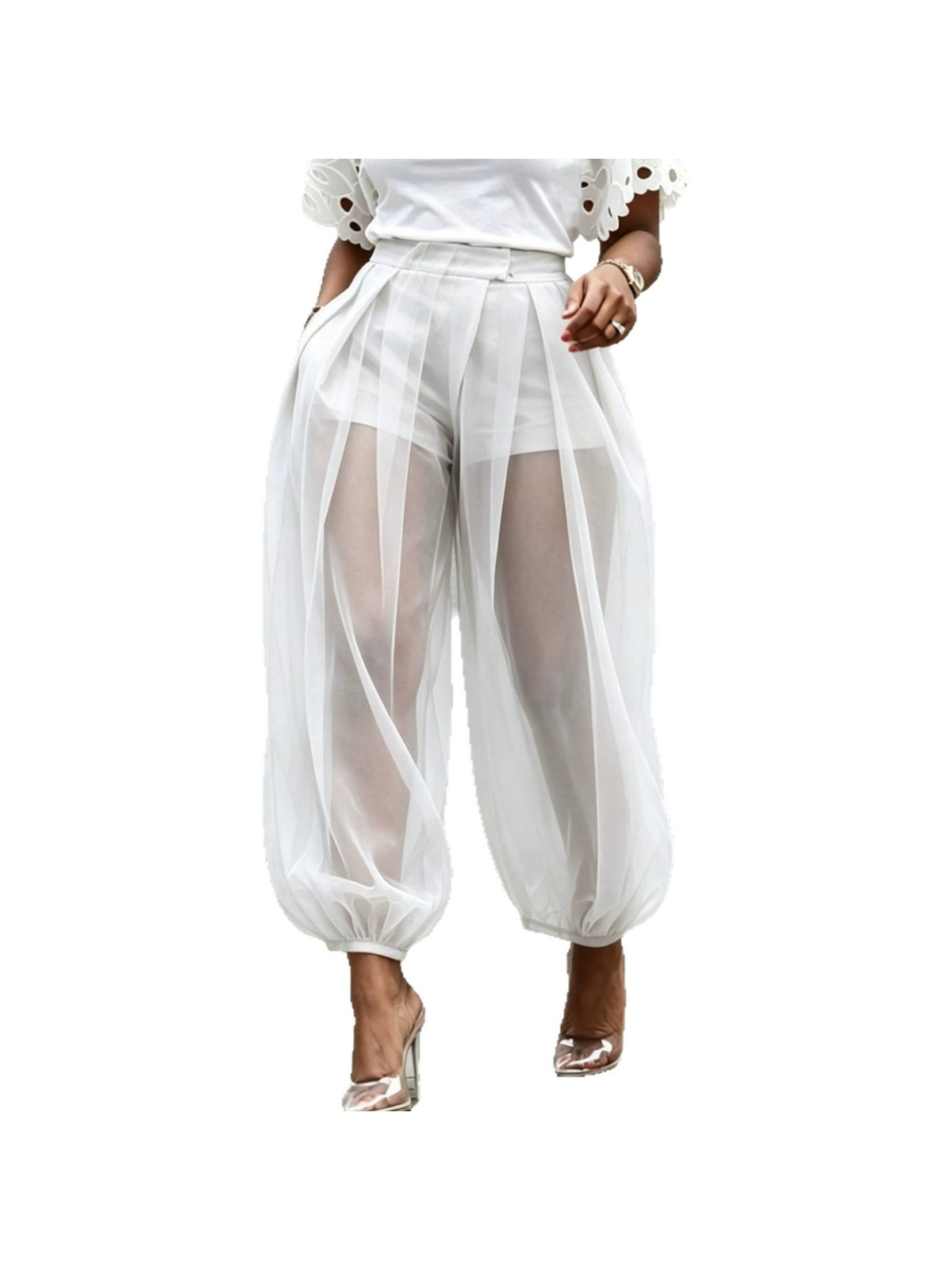 Mesh Tulle Harem Pants Women High Waist Built-In Shorts Balloon Wide Leg Trousers Solid Color Pockets Spring Summer Casual 9/10 Length S-XXL