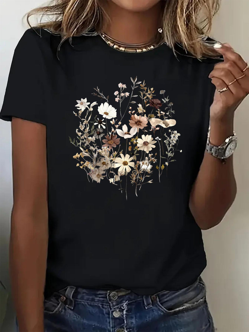 Geometric Print Crew Neck T-Shirt Women Casual Short Sleeve Stretch Knit Graphic Tee Light Airy Spring Summer Fall S-XXL