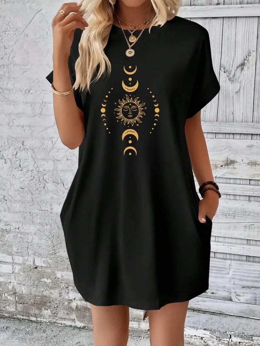 Celestial Sun Moon Stars Print T-Shirt Dress Women Boho Casual Knee-Length Short Sleeve Round Neck Graphic Dress Spring Summer S-XXL