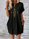 Celestial Sun Moon Stars Print T-Shirt Dress Women Boho Casual Knee-Length Short Sleeve Round Neck Graphic Dress Spring Summer S-XXL
