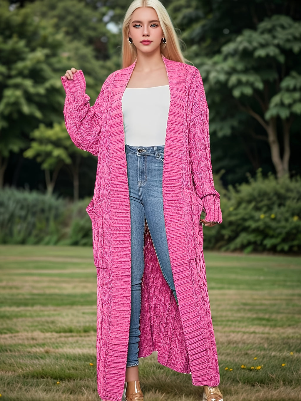 Longline Cardigan Women Oversized Drop Shoulder Open Front Knit Coat | Solid Color Textured Baggy Sweater with Pockets for Fall Winter Daily Wear
