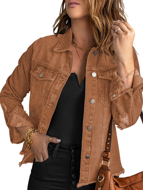 Boyfriend Style Washed Out Denim Jacket Women Distressed Look Pockets Relaxed Fit Casual Outerwear Sky Blue Sea Blue Medium Blue