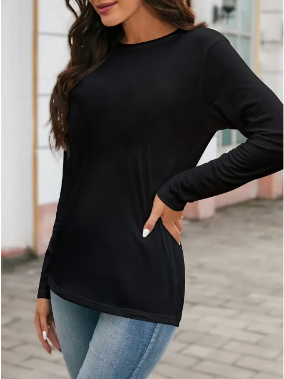 Women's Solid Color Long Sleeve Base Layer Top Crew Neck Geometric Print Flared Hem Casual Pullover Knit Shirt