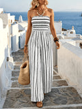 Strapless Striped Wide-Leg Jumpsuit Women Black White Smocked Tube Top Casual Loose Summer Vacation Romper S-XXL