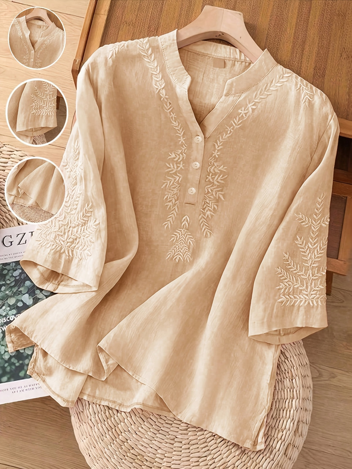 Solid Color Embroidered Loose Top Women Casual Flowy Lightweight Spring Summer Everyday Blouse Shirt for Women