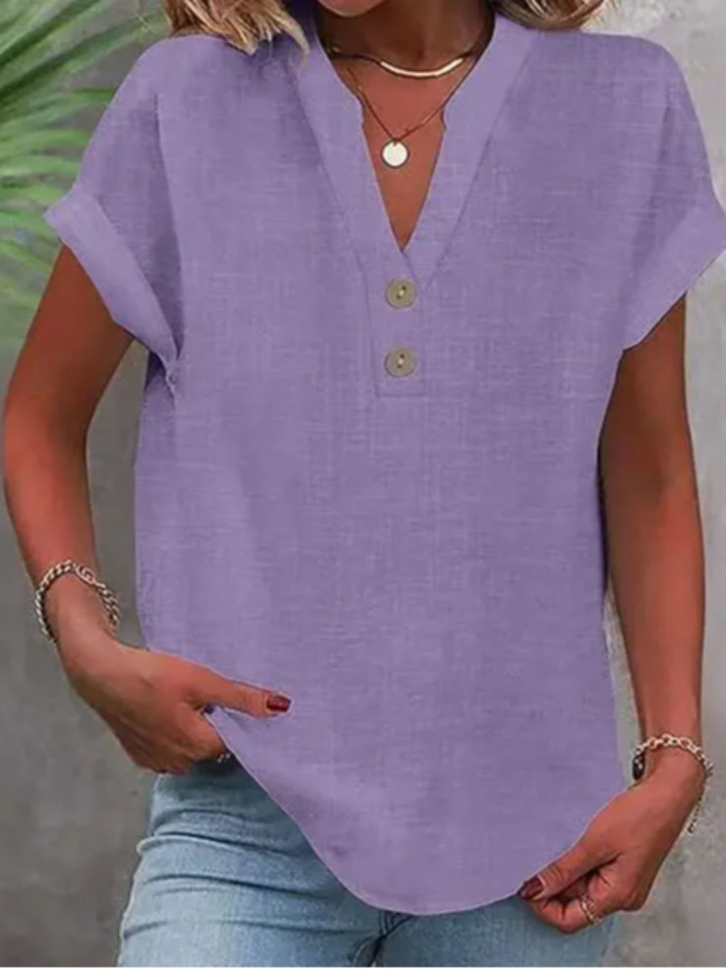 V-Neck Button Placket Tee Women Solid Color Short Sleeve Casual Summer Top Lightweight Breathable 15 Colors S-XXL