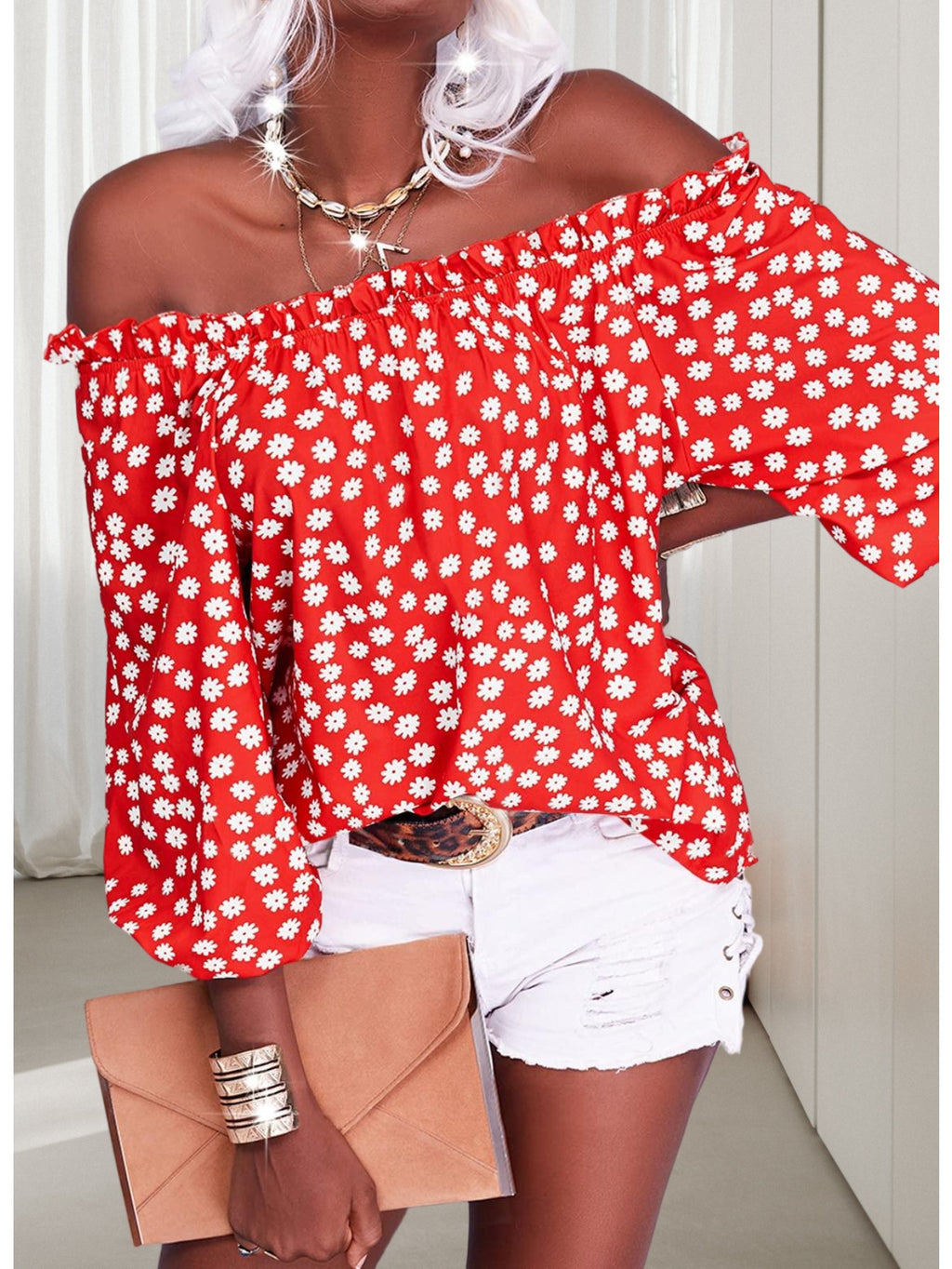 Floral Off Shoulder Chiffon Blouse Women 3/4 Sleeve Casual Summer Top Shirt 10 Colors S-XXL