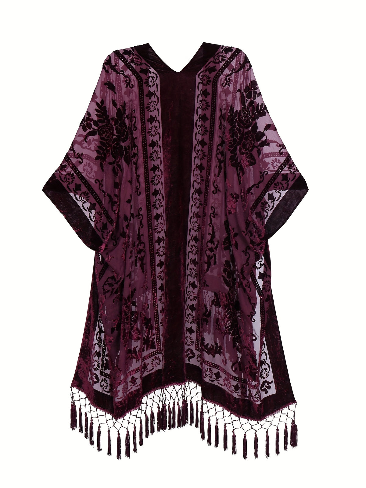 Boho Burnout Velvet Kimono Women Long Cardigan Cover Up Tassel Floral Embroidered One Size