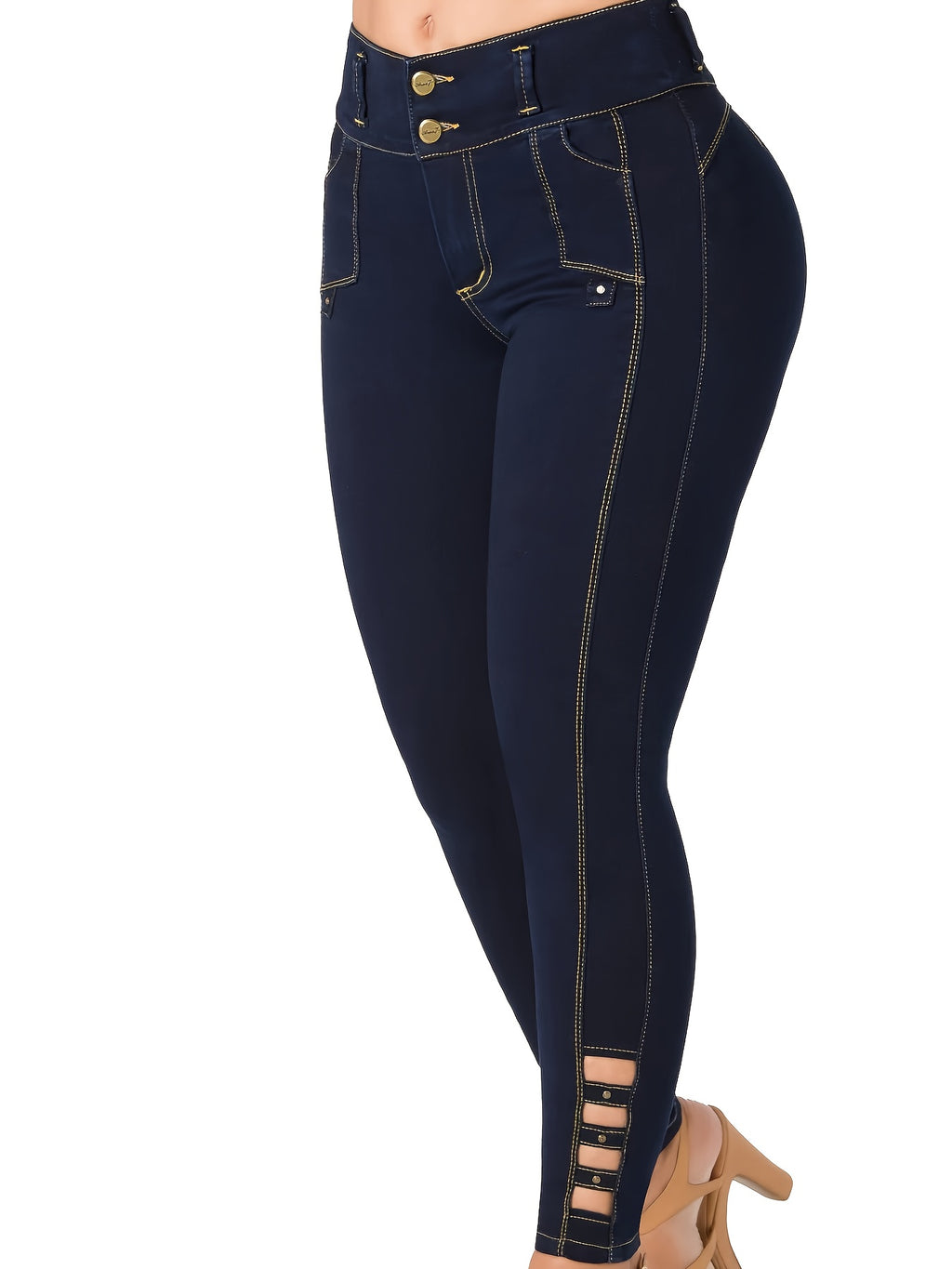 Women's Dark Blue High Waist Stretch Slim Fit Cropped Jeans Bead Embellished Front Button Butt Lifting Casual Ankle Denim