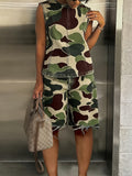 Camo Print Denim 2-Piece Set Y2K Women Sleeveless Crew Neck Top Casual Jeans Trendy Streetwear Fern Green S-XXL