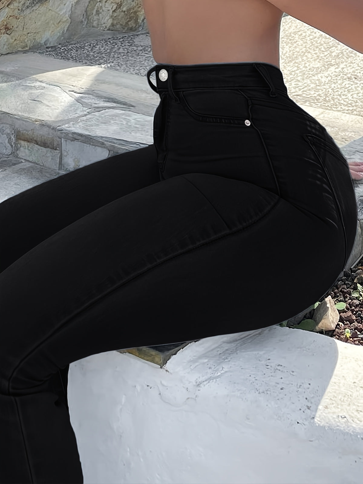 High Waist Stretch Flare Jeans Women Wide Leg Pants with Pockets – Solid Color Street Style, All-Season Comfortable Denim, Machine Washable