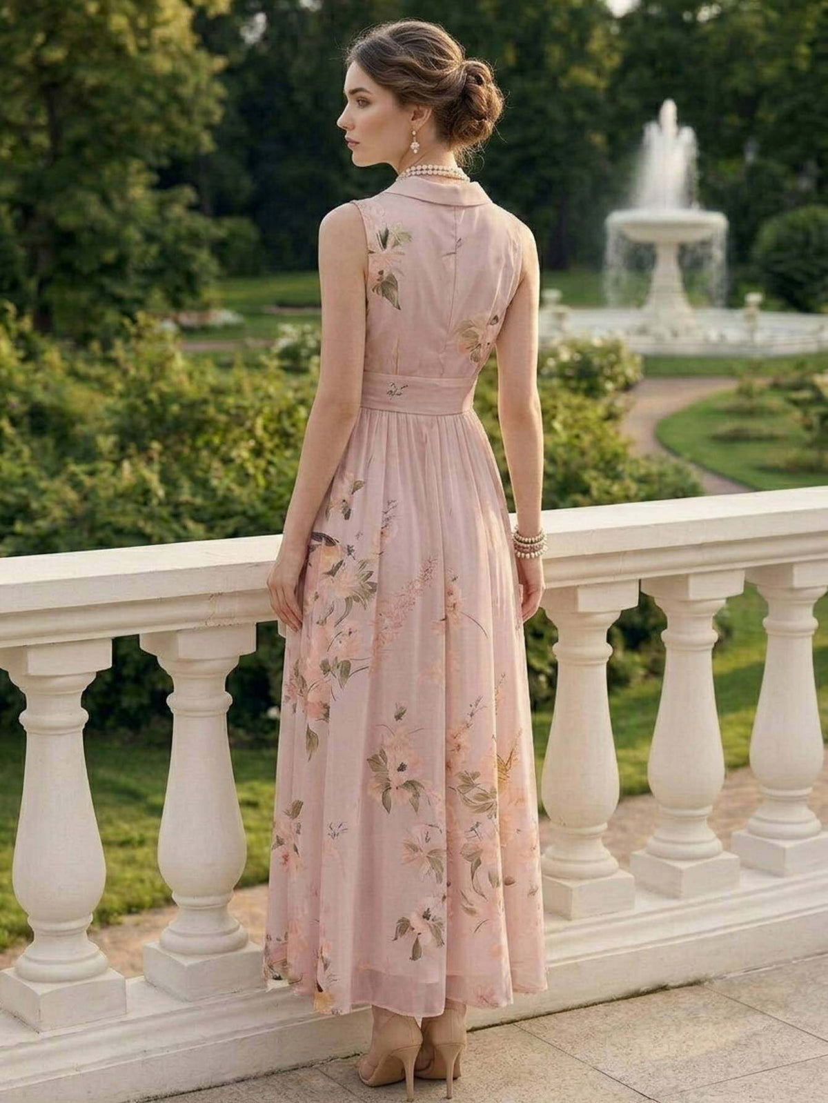 Vintage Print Lapel Dress Women Sleeveless Waist-Cinching Elegant A-Line Dress Spring Summer Date Afternoon Tea Semi-Formal Dress S-XXL