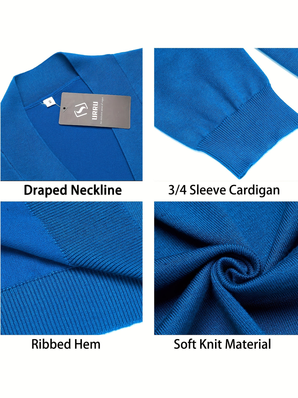 Cropped Open Front Cardigan Women 3/4 Sleeve Knit Shrug Ribbed Hem Draped Neckline Lightweight Stretchy Layering Top 9 Colors Spring Summer Fall S-XXL