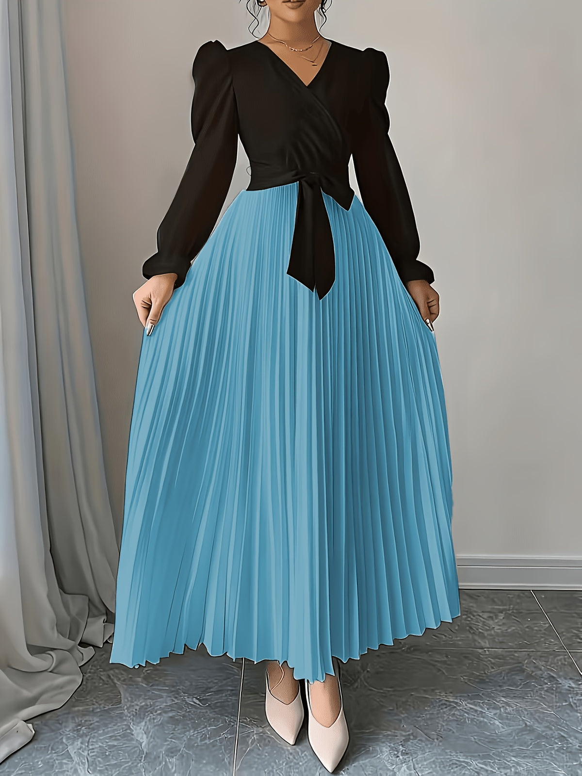 V-Neck Bubble Sleeve French Elegant Dress Women Pleated Ruffle Hem Belt Waist Cocktail Party Maxi Dress Spring Summer Formal Evening Wear Multi-Color S-XXL