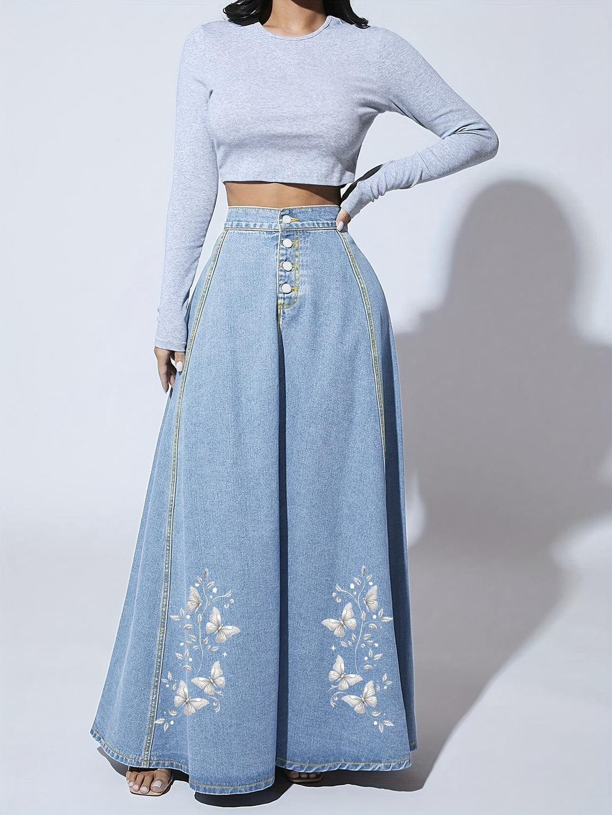 Floral Embroidered Denim Maxi Skirt Women Button Closure Long Jean Skirt Casual Formal All Season Solid Color High Quality 2025