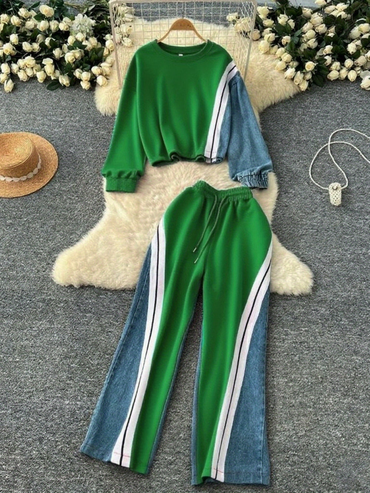 2pcs Tracksuit Set Women Color Block Contrast Stripe Cropped Top Wide-Leg Pants Casual Urban Streetwear Jogger Outfit