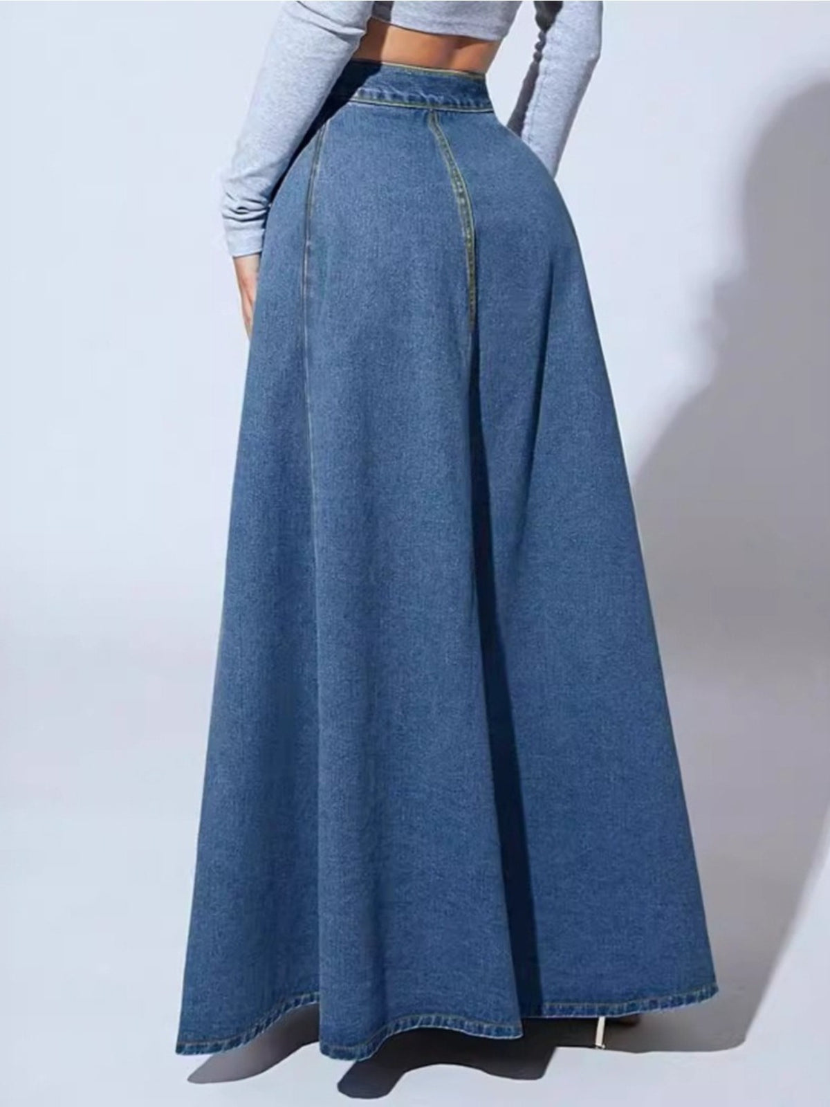 Women Single Breasted Denim Midi Skirt Vintage Flared A-Line Lace Patchwork Flowy Dark Blue XS-XXL Spring Summer Fall