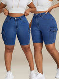 High Waist Denim Shorts Women Multi Pocket Elastic Waist Medium Length Street Style Casual Jean Shorts Workwear