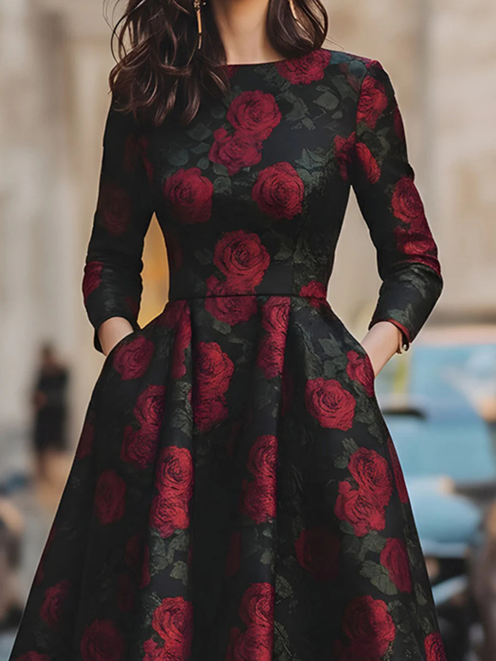 Women's Red Rose Jacquard Fit and Flare Evening Gown Elegant Formal Wedding Banquet Dress Black M-XL