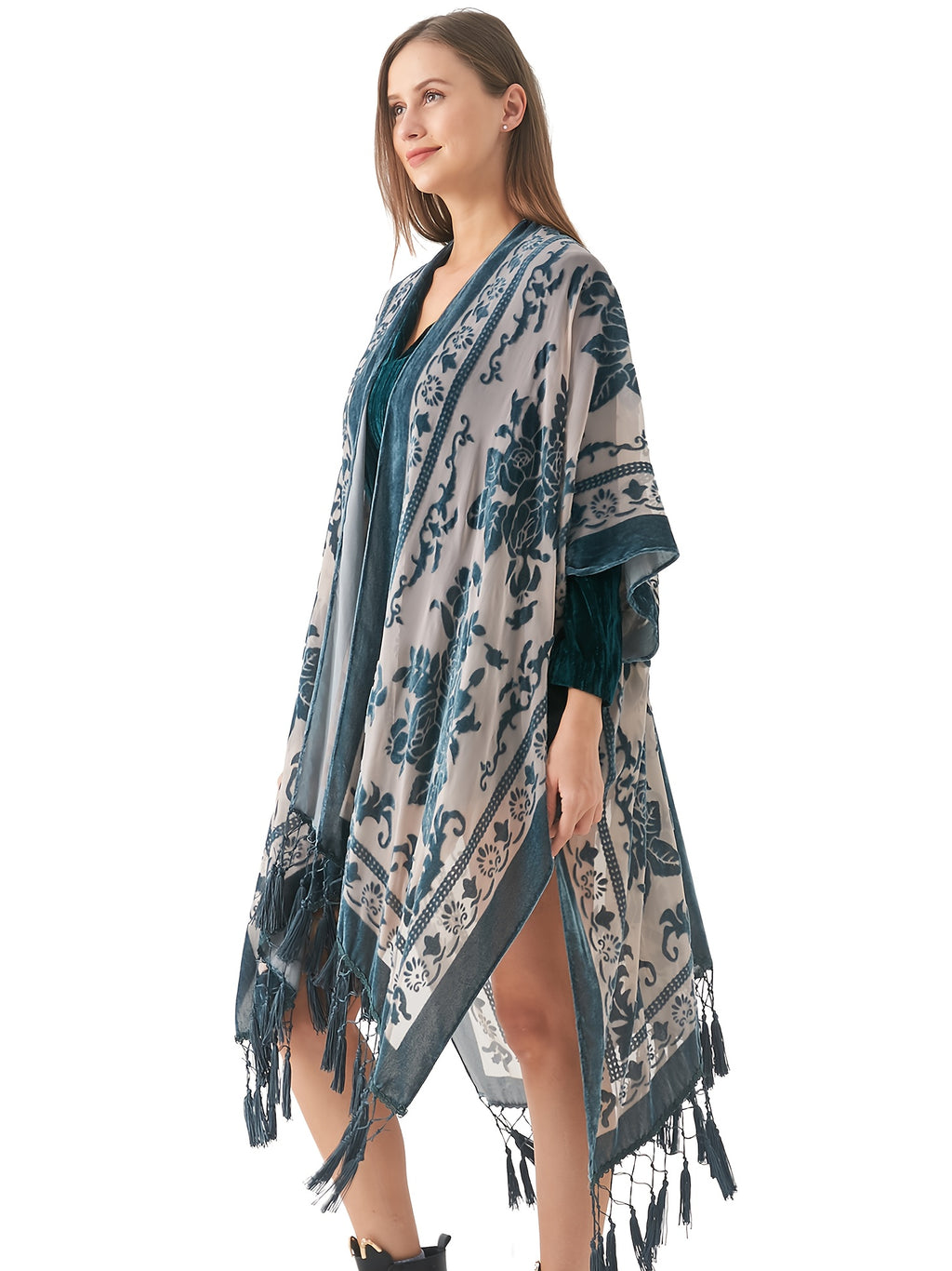 Boho Burnout Velvet Kimono Women Long Cardigan Cover Up Tassel Floral Embroidered One Size