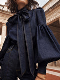 Puff Sleeve Bow High Neck Blouse for Women – Imitation Denim Fabric Buttoned Shirt with Bow Detail, Casual Office Spring Fall Top