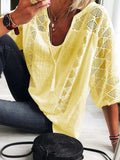Lace Patchwork U-Neck Blouse Women Three-Quarter Sleeve Loose Fashion Top Elegant Casual Feminine Spring Summer Chic Shirt