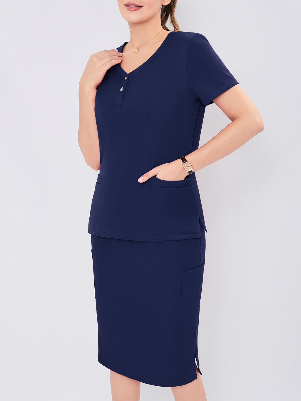 Women's V-Neck Scrub Set Short Sleeve Medical Uniform Beauty Salon Polyester Solid Color Top & Skirt with Pockets