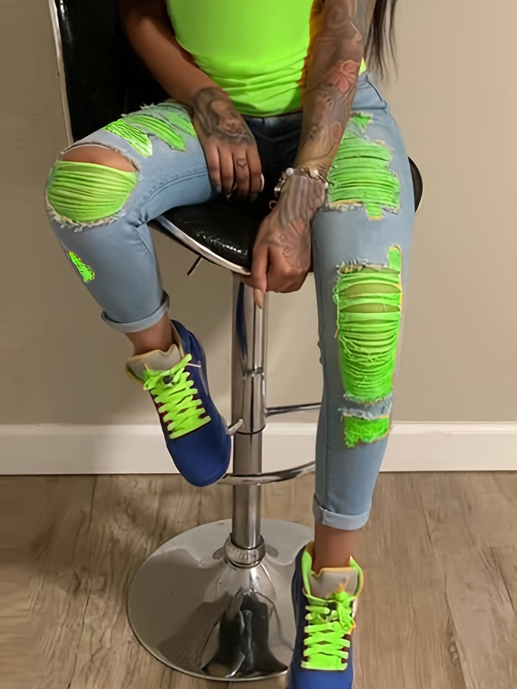 Ripped Skinny Jeans for Women – Distressed Stretch Denim with Yellow Detail, Waist Stretch Fit, Sizes S-XXL