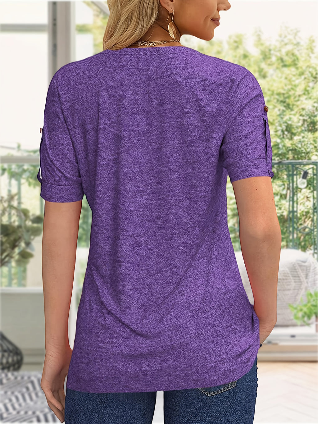 Button Front V-Neck Top Women Pleated Detail Short Sleeve Solid Color Casual Summer Blouse Lightweight Breathable Machine Washable