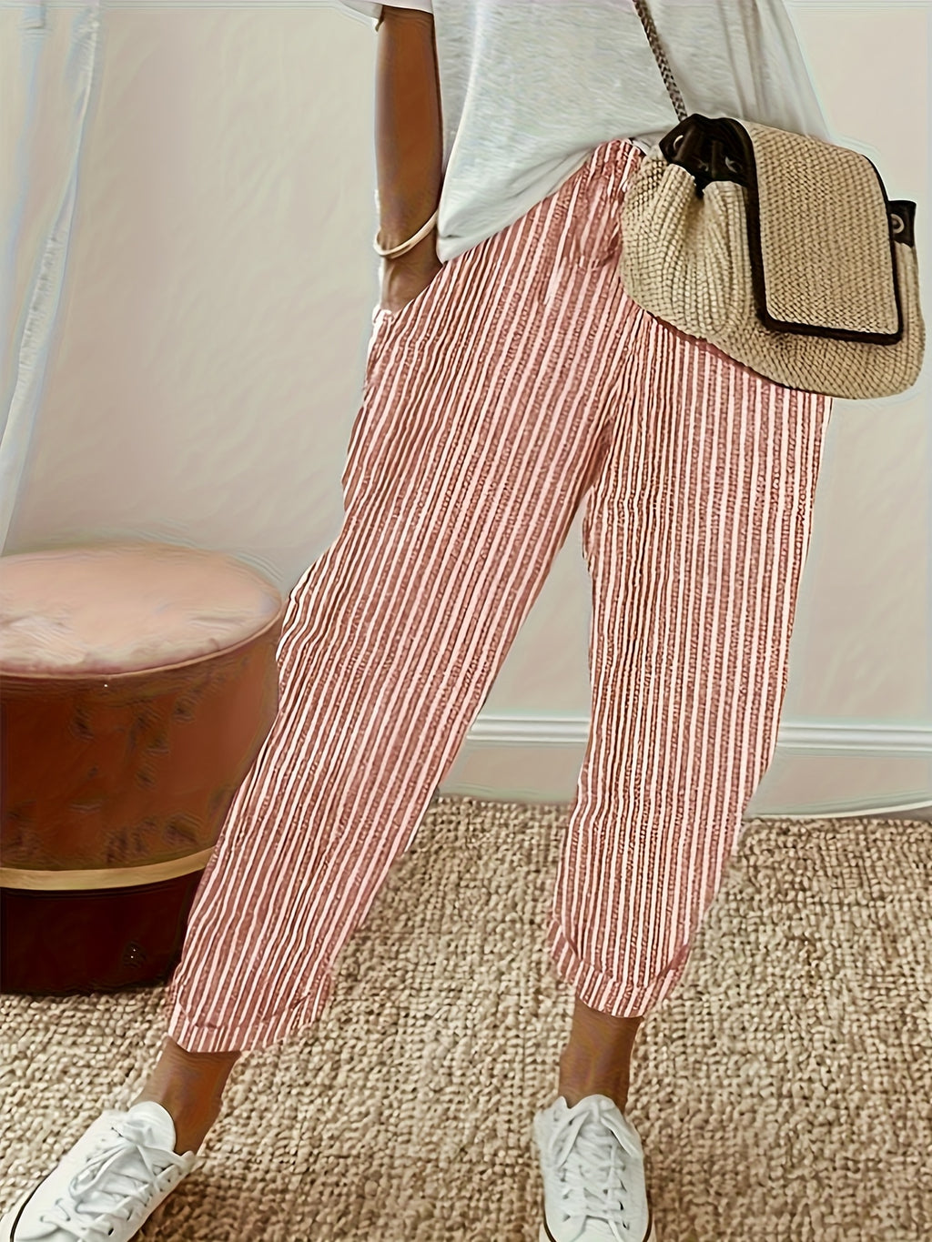 High Waist Wide Leg Pants Women Side Stripe 3/4 Length Casual Lightweight Polyester Relaxed Fit All Season Sporty Trousers