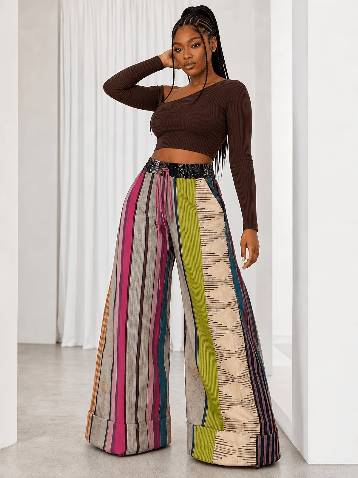 Colorful Stripe Wide Leg Pants Women Gothic Halloween Casual Multicolor Trousers Fall Winter S-XXL