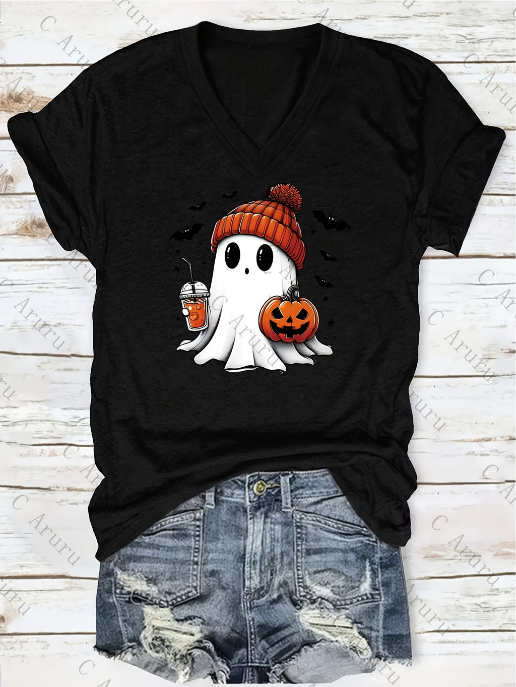 Ghost Print V-Neck T-Shirt Women Casual Short Sleeve Graphic Tee Fun Holiday Gift Spring Summer Top S-XXL