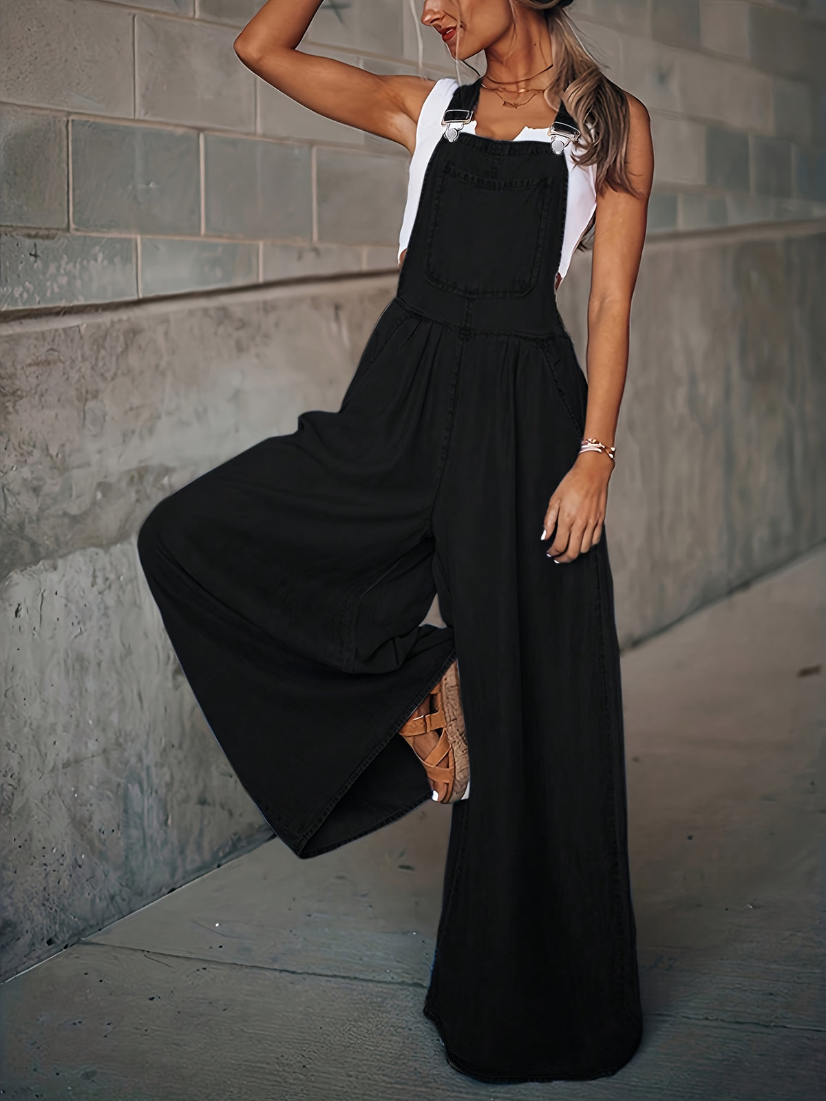 Women's Wide-Leg Denim Overall Pants Adjustable Shoulder Straps Large Pockets Loose Casual S-XXL