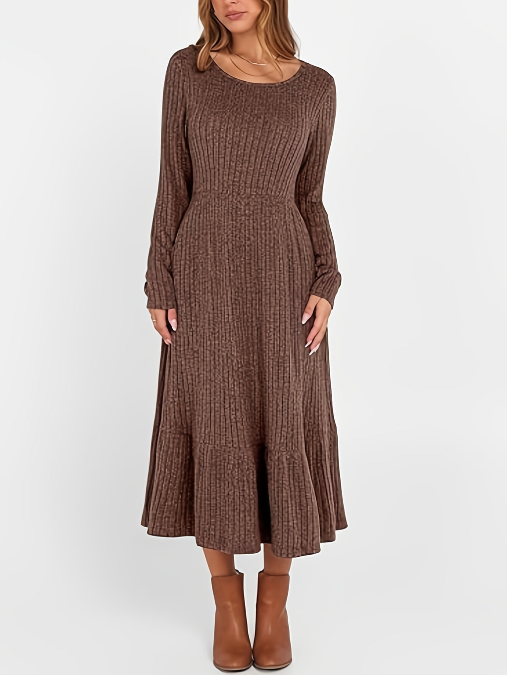 Ribbed Knit Maxi Dress Women Crew Neck Waist Cinched Pocket Warm Flattering Fall Winter Casual Office Daily Solid Color 100% Polyester