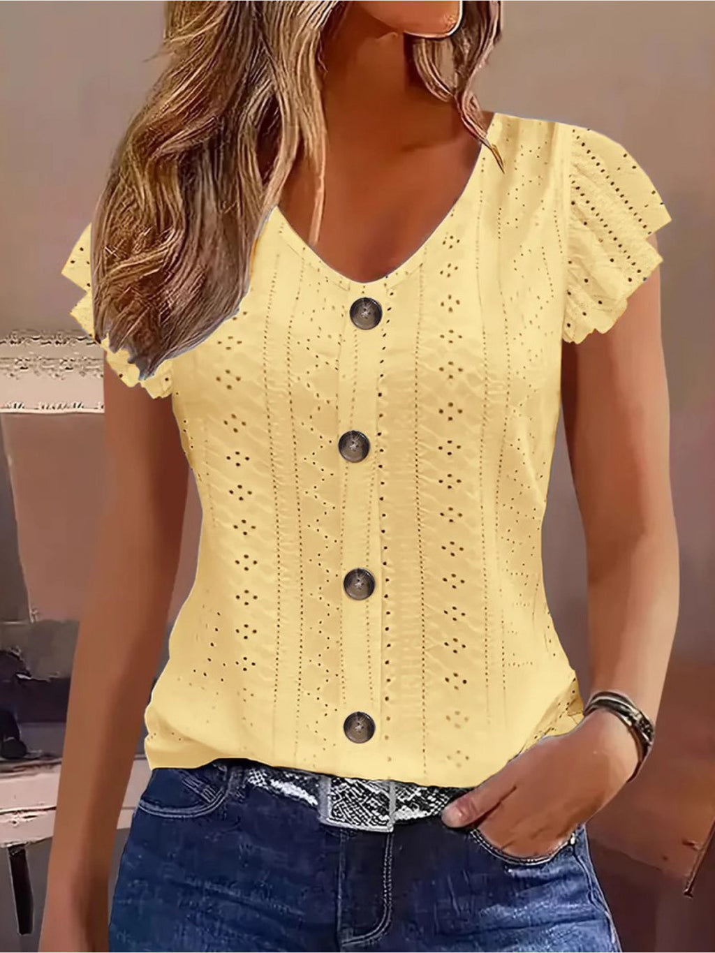 Women's V-Neck Ruffled Short Sleeve Blouse Eyelet Embroidered Jacquard Top Decorative Buttons Elegant Casual Spring Summer Stretch Shirt S-XXL