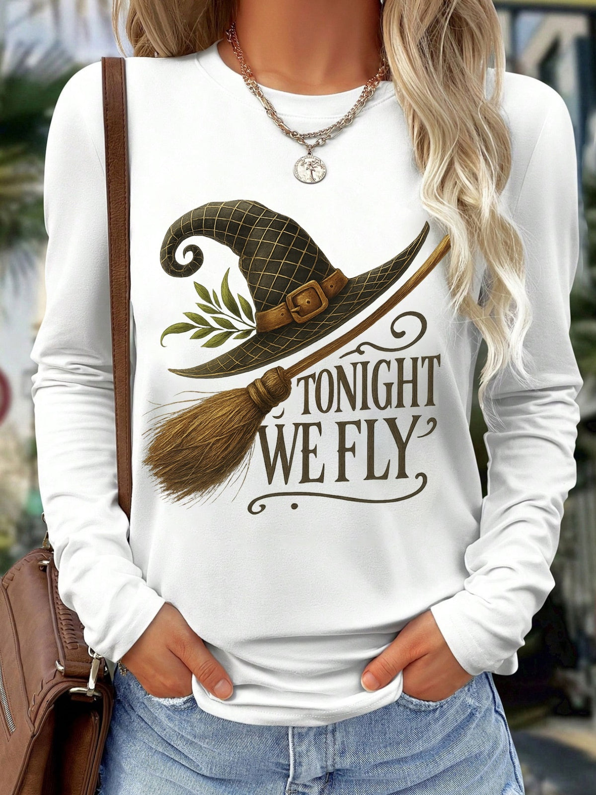 Halloween Witch Hat Print Long Sleeve T-Shirt for Women - Crew Neck Breathable Casual Graphic Tee Everyday Office Wear Fall Festive Top