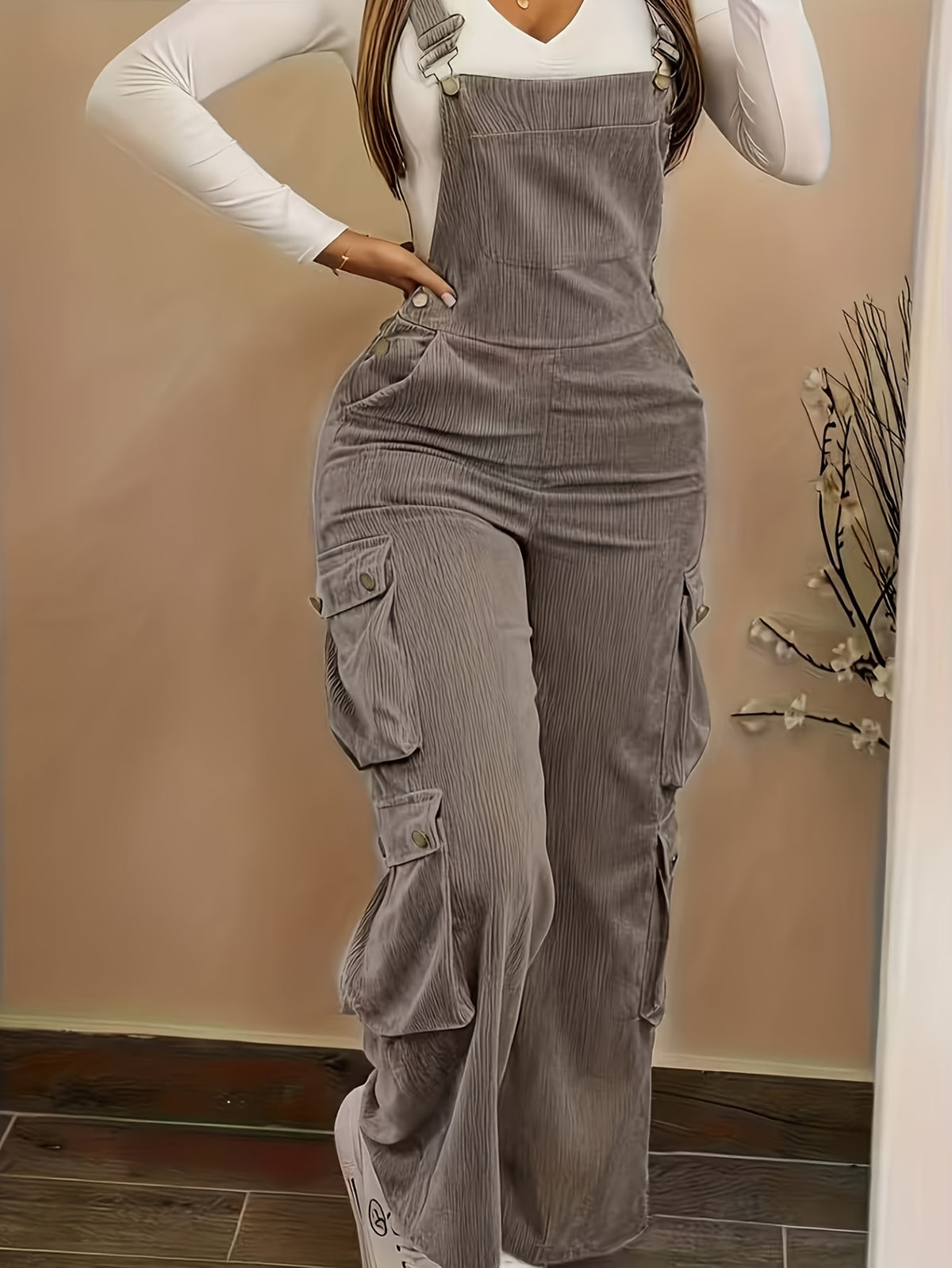 Corduroy Wide Leg Overalls Women Cargo Jumpsuit Belted Waist Collared Neck Casual Work All Season Washable Denim Look