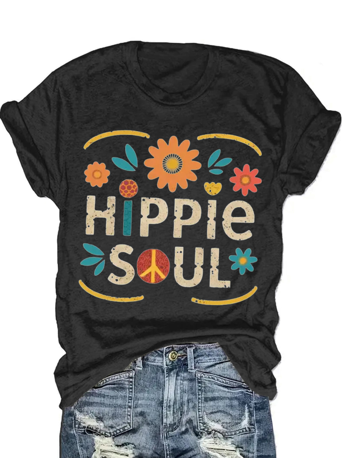 Hippie Soul Boho Graphic Tee Women Vintage Floral Print Festival Casual Comfortable Blend T-Shirt 5 Colors S-XXL