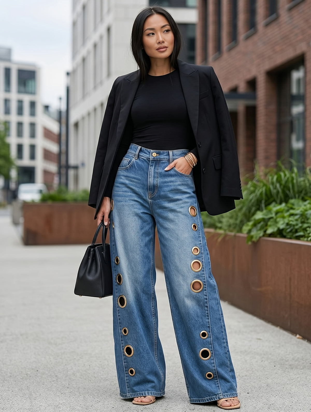 High Waist Wide Leg Jeans Women Metal Ring Draped Loose Straight Streetwear Denim Pants Figure Flattering Light Blue Blue Black XS-XXL