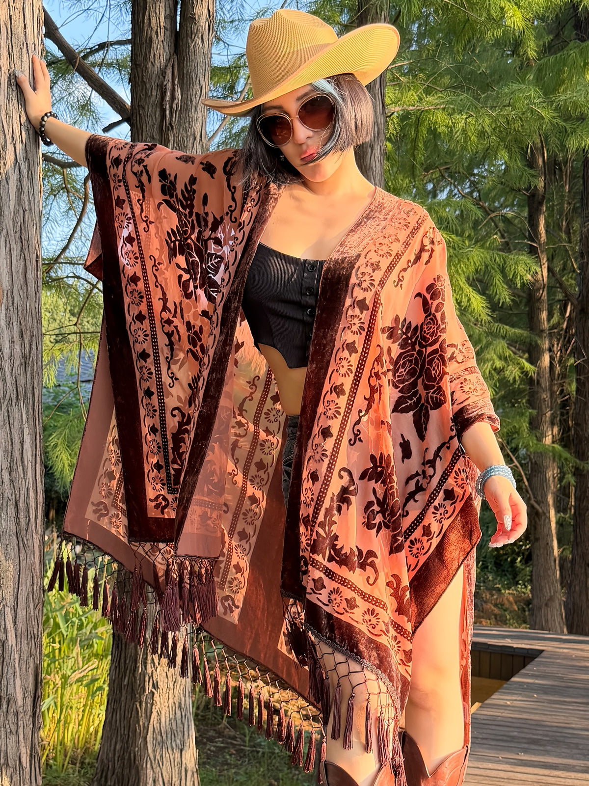 Boho Burnout Velvet Kimono Women Long Cardigan Cover Up Tassel Floral Embroidered One Size